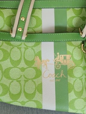 Coach Lime Green Signature Stripe Tote with White Accent